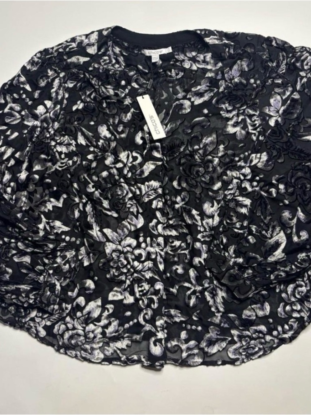 Chico's Black Floral Burnout Button-Front Blouse Sz 16
